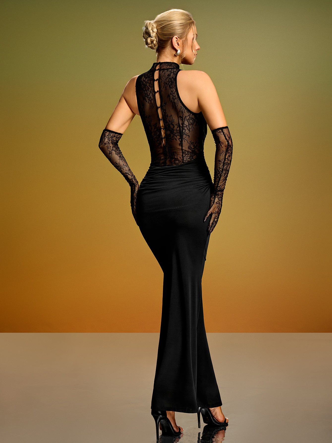 Ruched Lace Evening Gown With Gloves