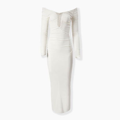Off Shoulder Long Sleeve Figure Flattering Midi Dress KLYF1363