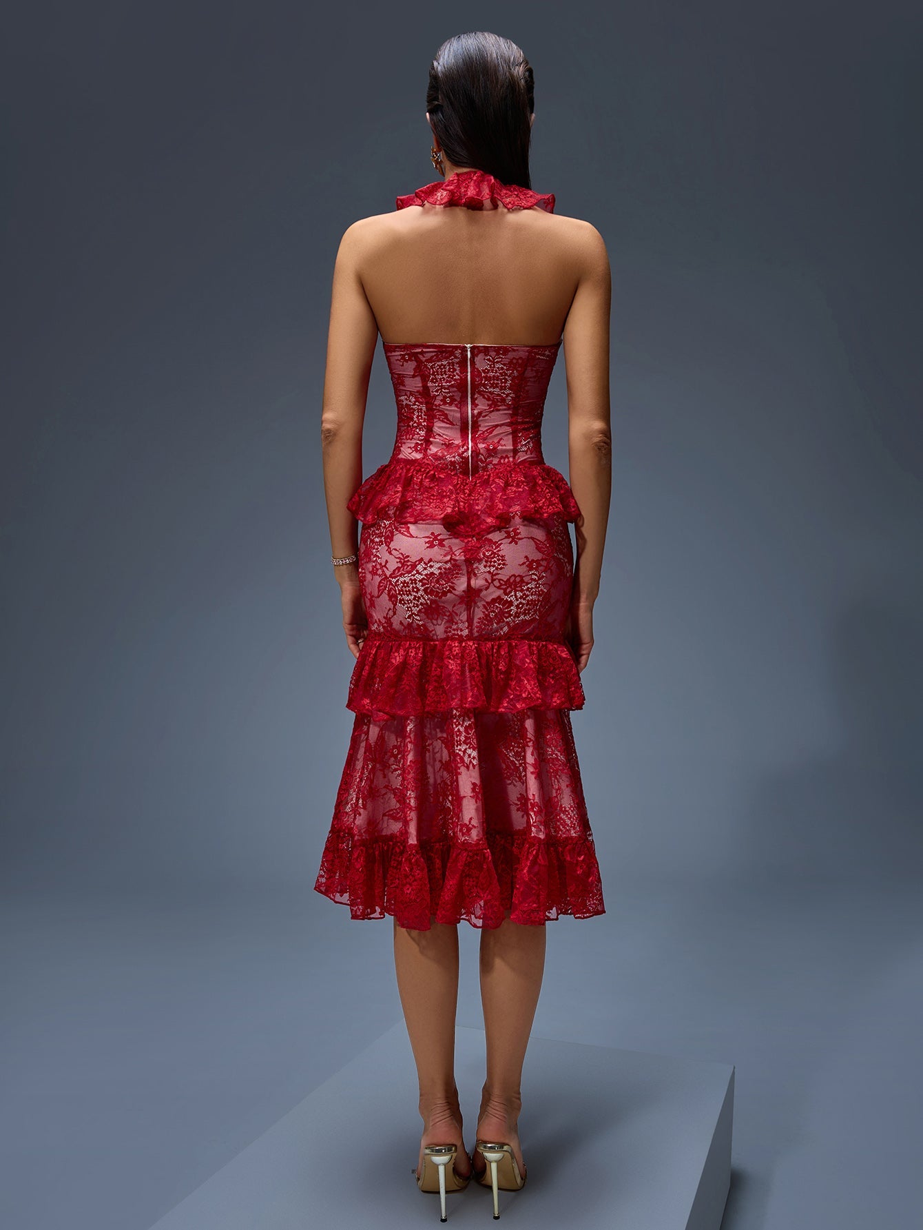 Red Lace Ruffled Sexy Midi Dress