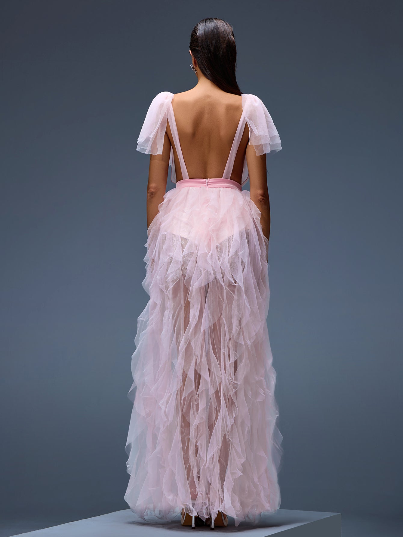 V Neck Chiffon Ruffled Maxi Dress
