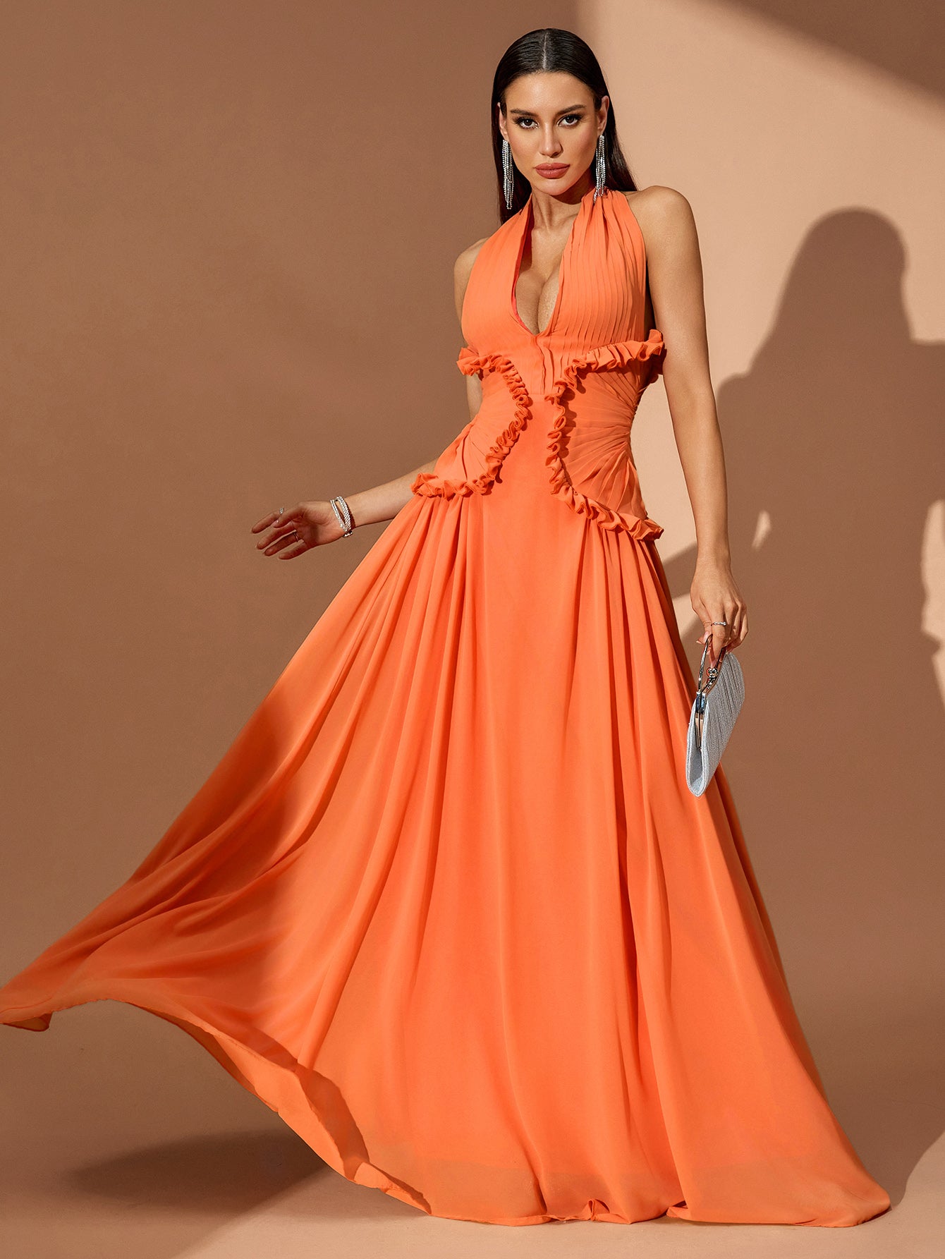 Halterneck Pleated Open Back Maxi Dress