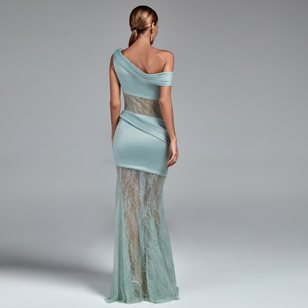 Asymmetric Buckled Lace and Satin Maxi Dress