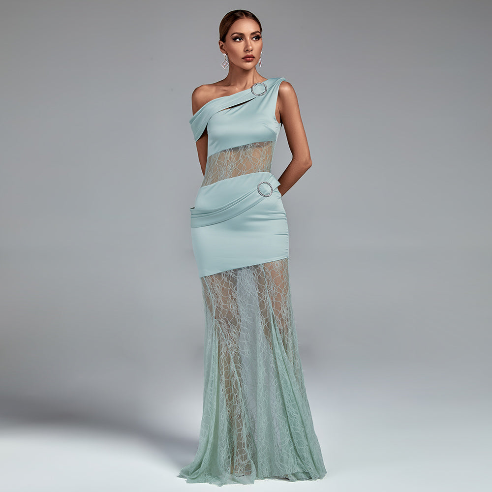 Asymmetric Buckled Lace and Satin Maxi Dress