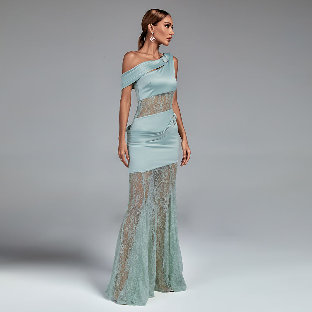 Asymmetric Buckled Lace and Satin Maxi Dress