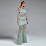 Asymmetric Buckled Lace and Satin Maxi Dress