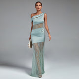 Asymmetric Buckled Lace and Satin Maxi Dress