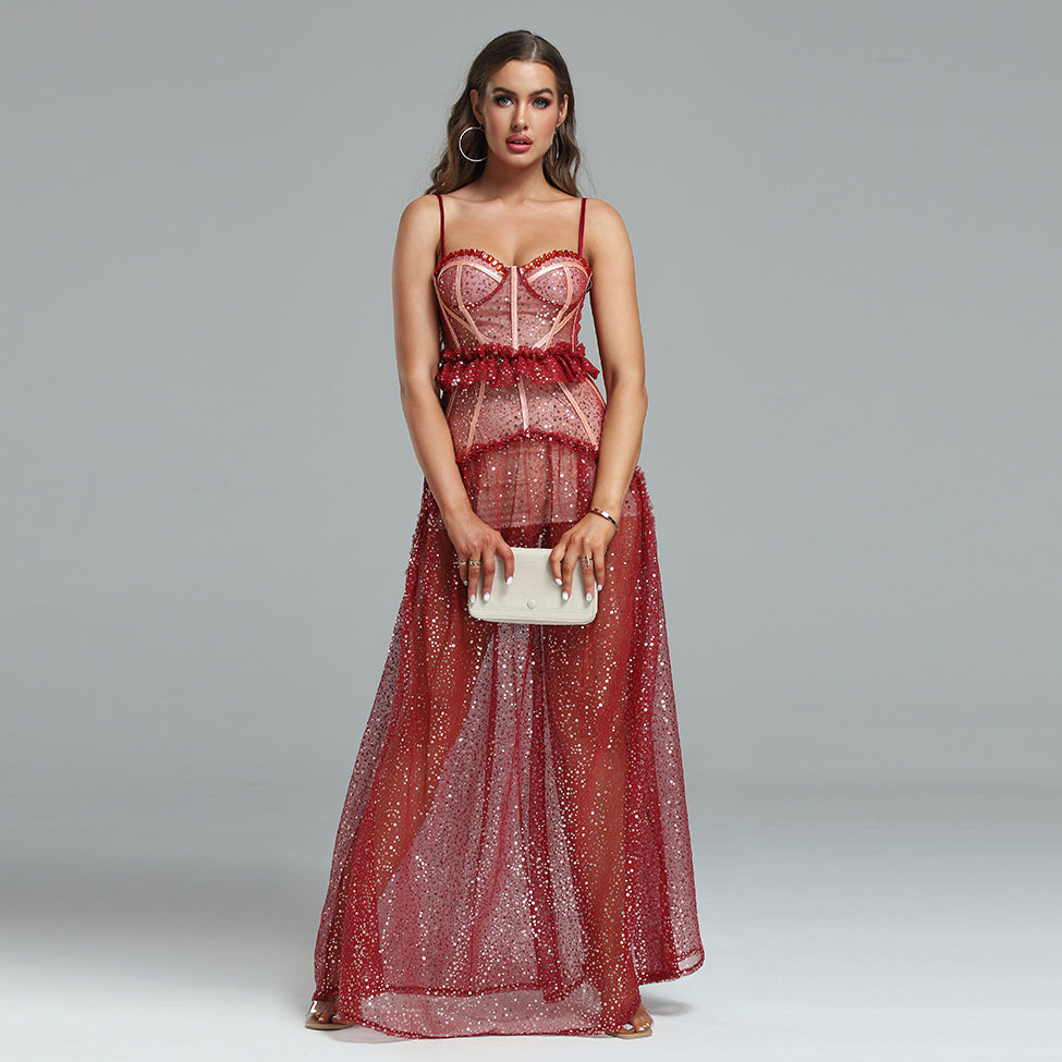 Strappy Sequins Mesh&Lace Maxi Dress