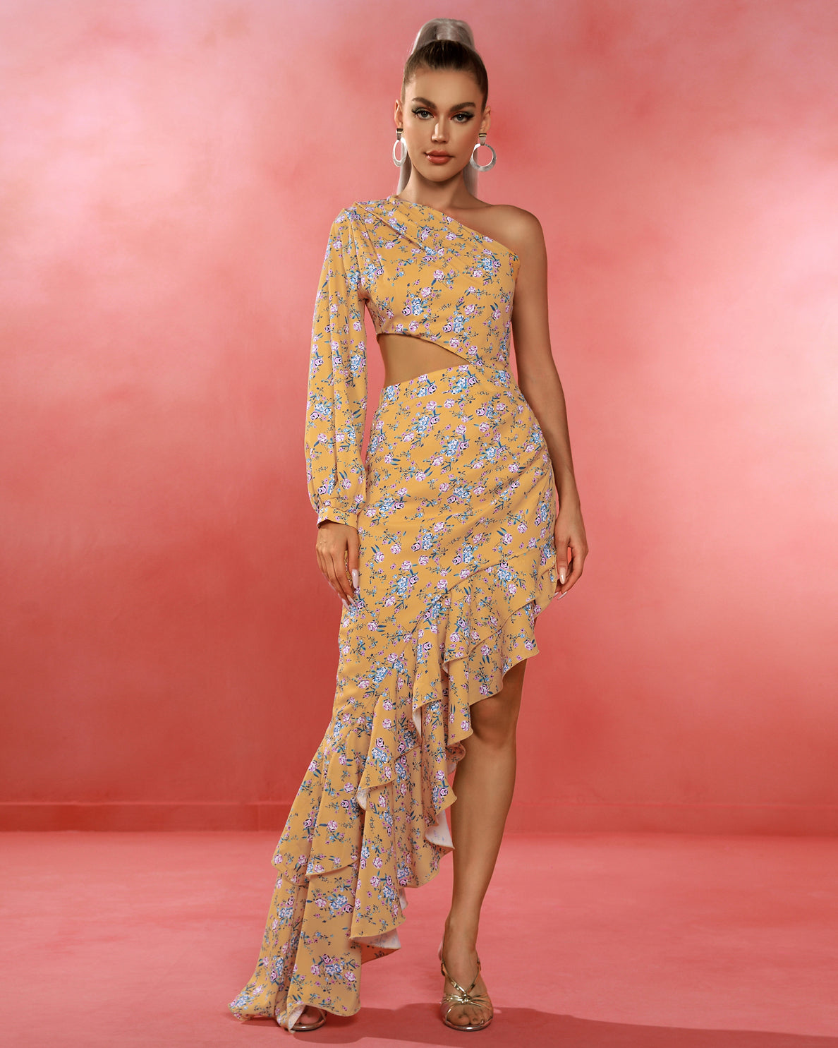 One Shoulder Cut Out Floral Maxi Dress