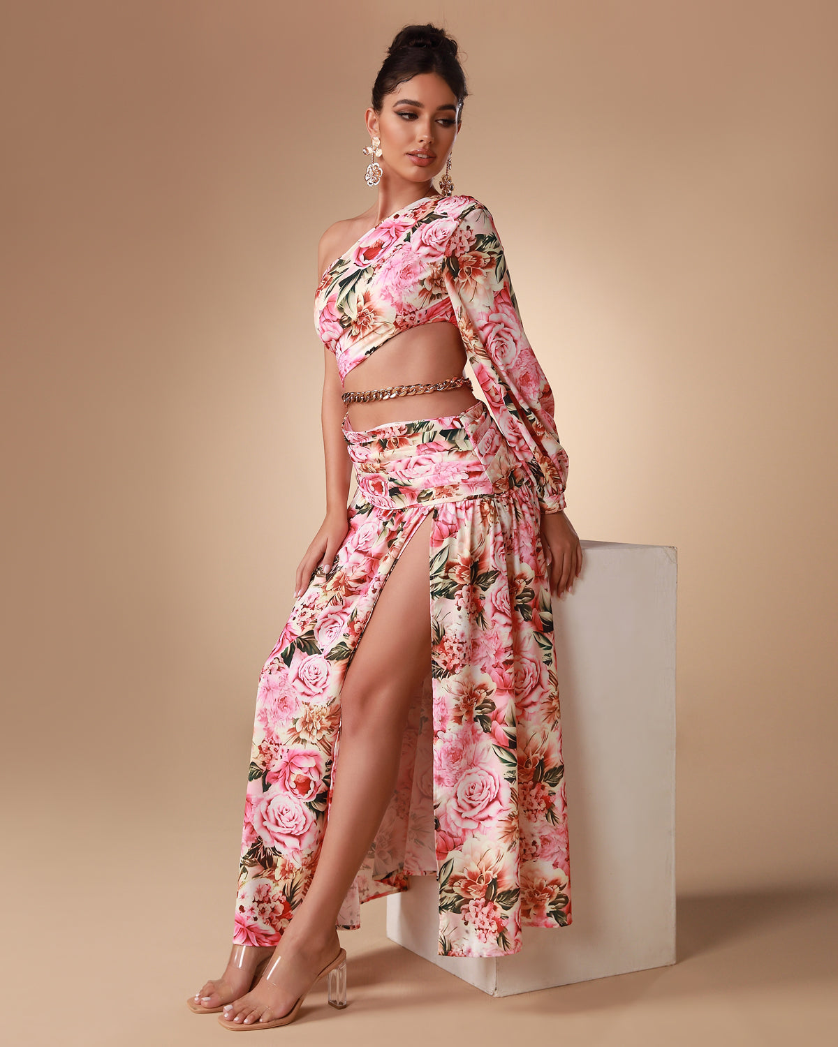 One Shoulder Chain Floral Maxi Dress