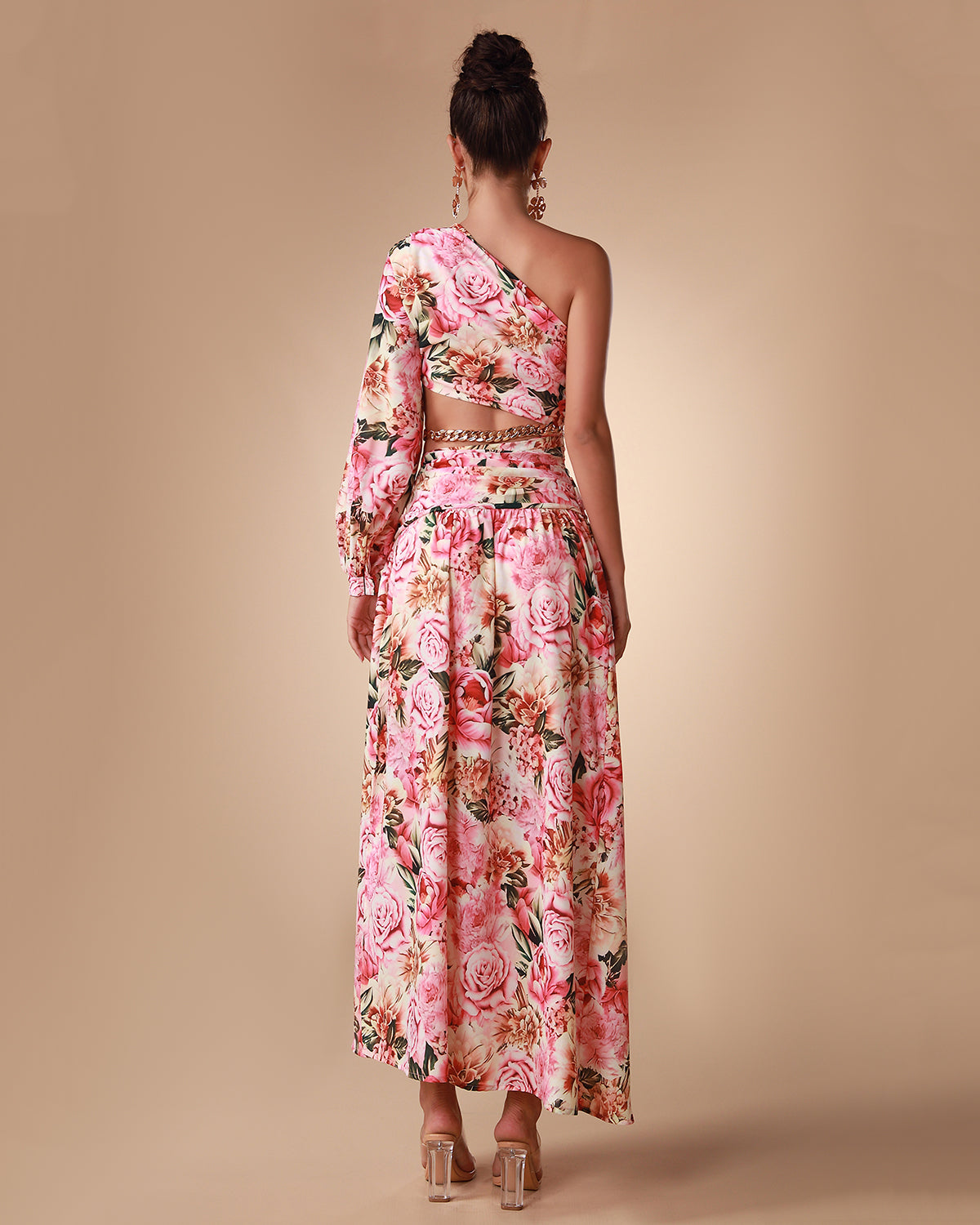 One Shoulder Chain Floral Maxi Dress