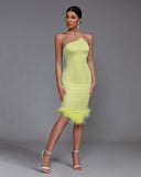 Asymmetric Neckline Feather Trim Midi Dress