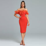 Off Shoulder Feather Trim Midi Dress