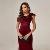 Asymmetrical Neck Ruffle Trim Prom Dress