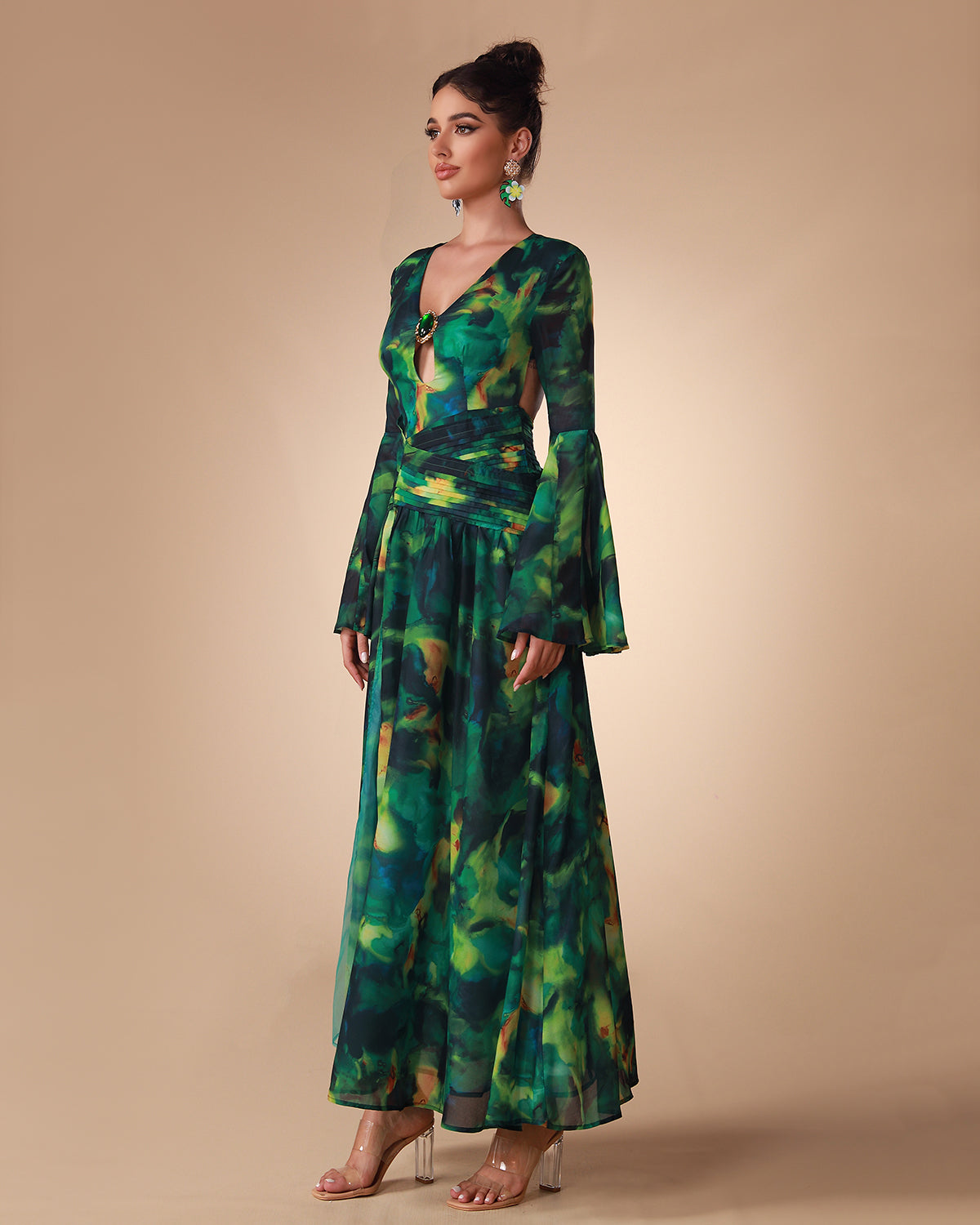 Bell Sleeve Printed Chiffon Maxi Dress