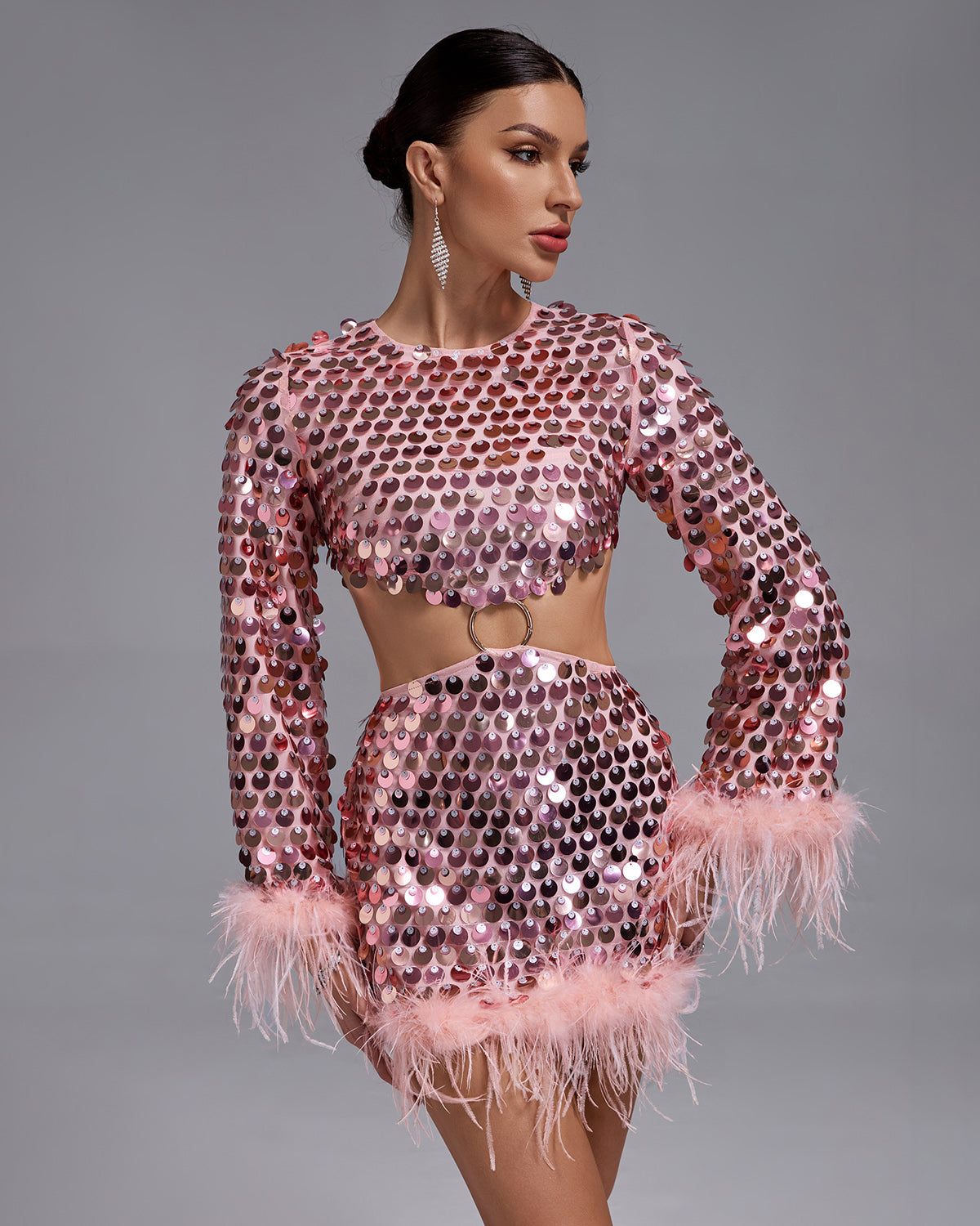 Sequinned Cutout Feather-Trim Mini Dress