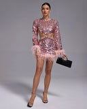 Sequinned Cutout Feather-Trim Mini Dress