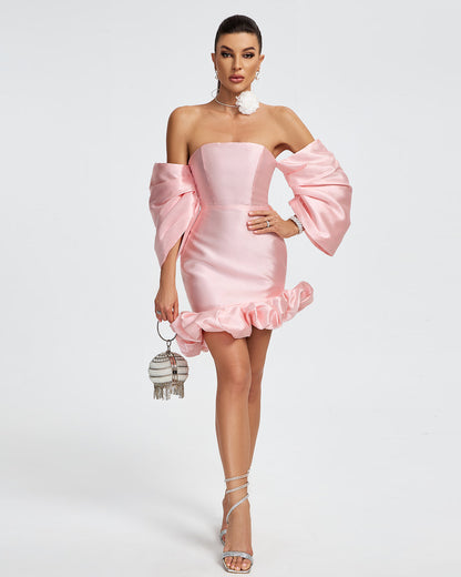 Off Shoulder Satin Puff Mini Dress