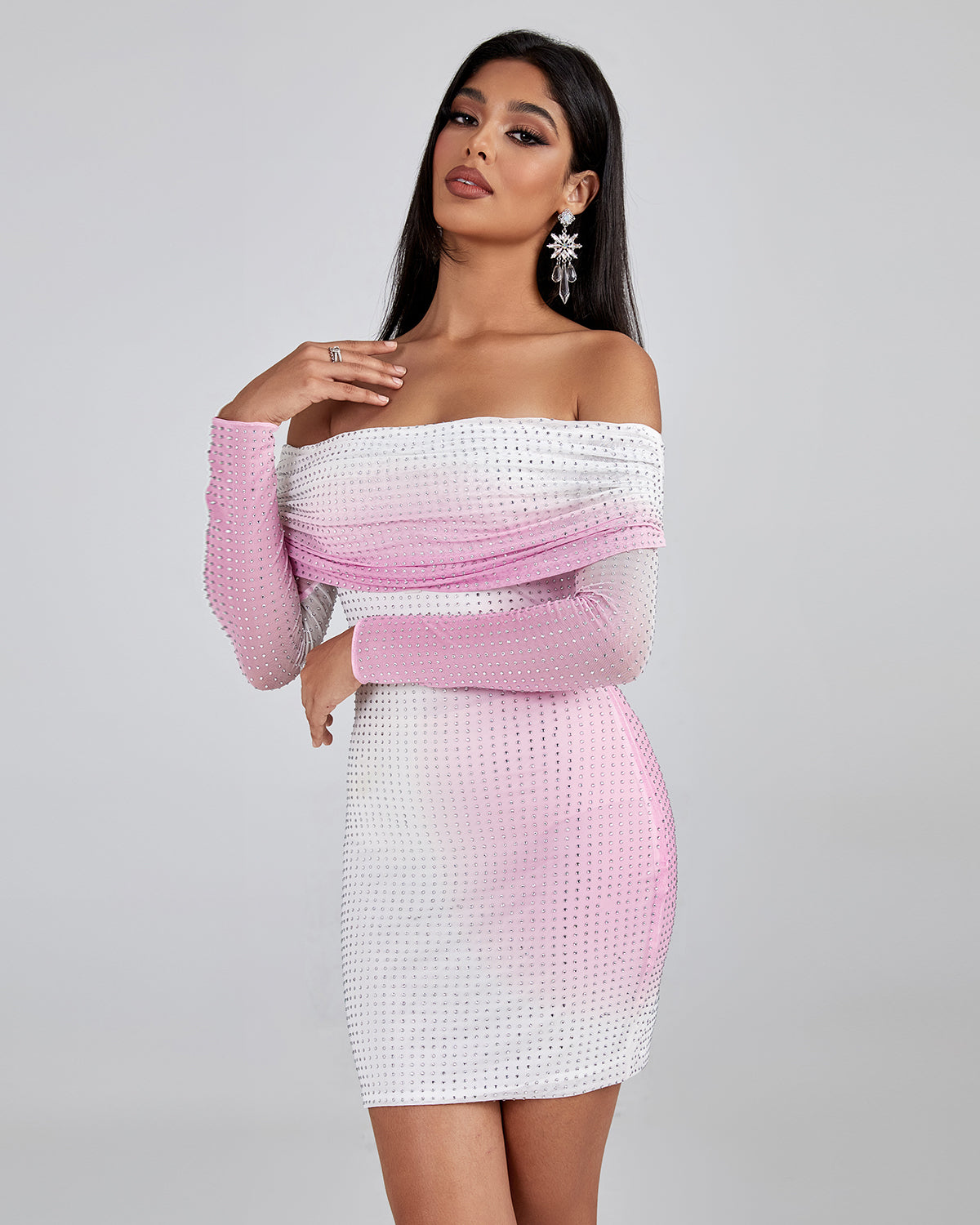 Off Shoulder Rhinestone Mini Dress