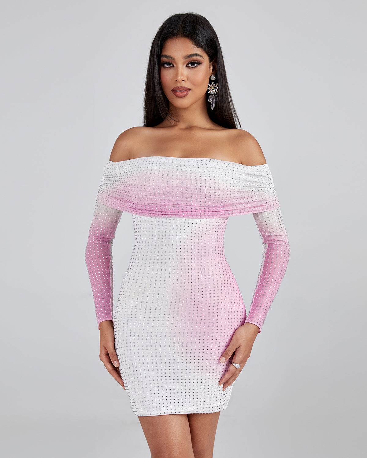 Off Shoulder Rhinestone Mini Dress