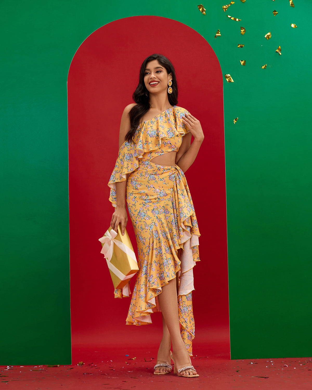 Asymmetric Cutout Ruffle Floral Dress
