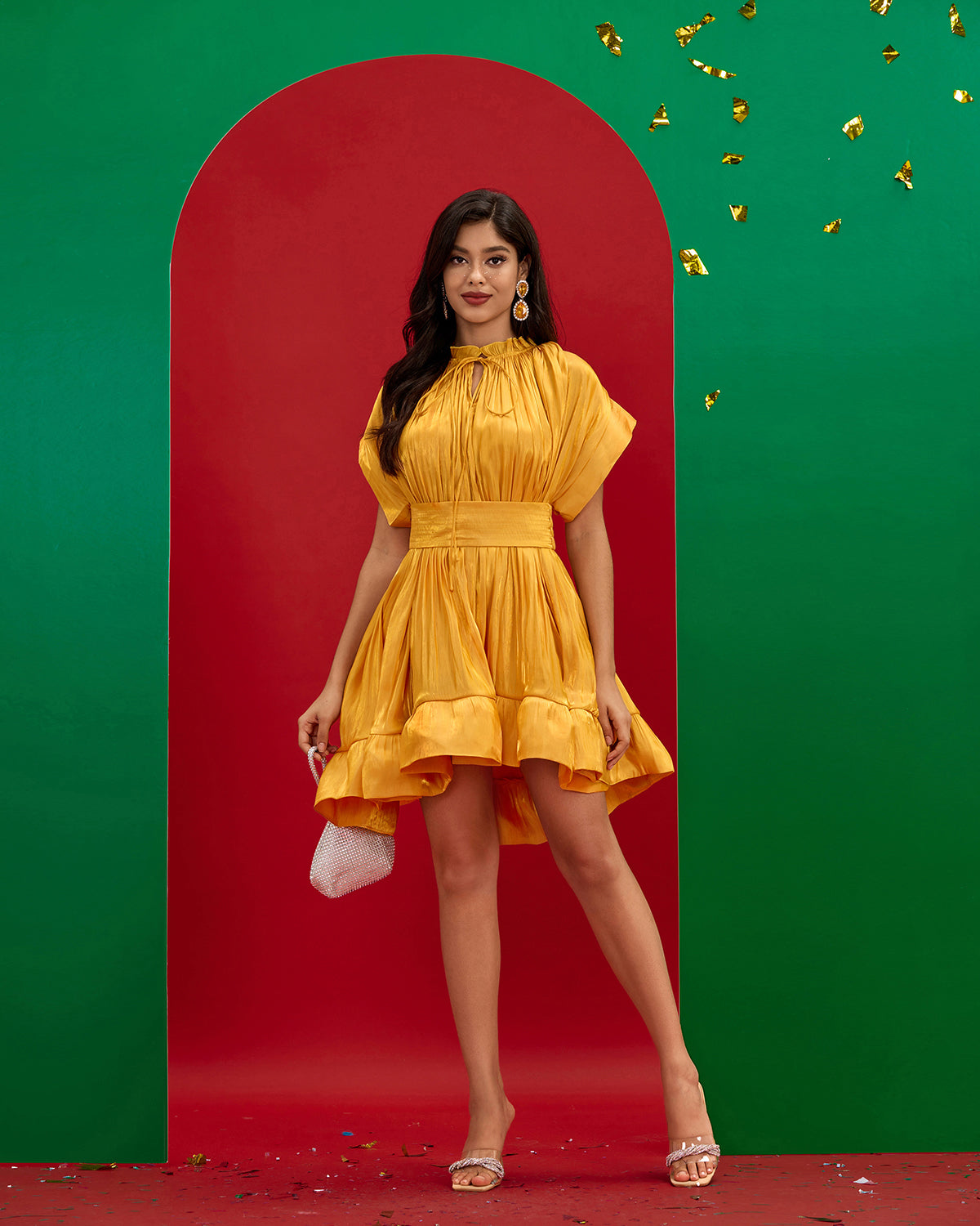 Yellow Cape-effect Belted Mini Dress