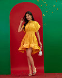 Yellow Cape-effect Belted Mini Dress