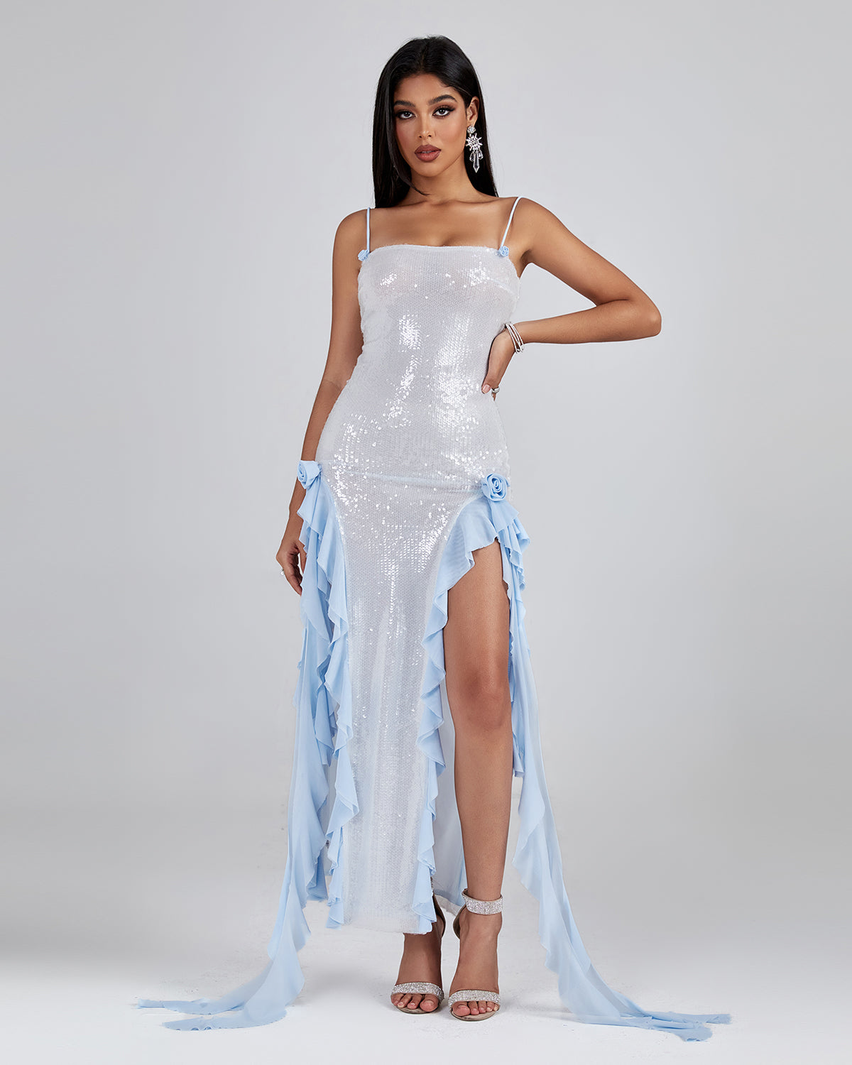 Blue Ruffle Detail Sequin Maxi Dress