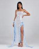 Blue Ruffle Detail Sequin Maxi Dress