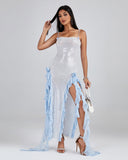 Blue Ruffle Detail Sequin Maxi Dress