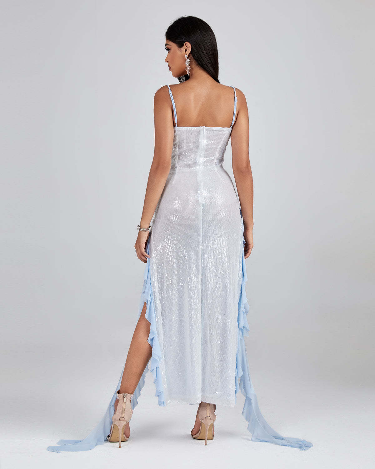 Blue Ruffle Detail Sequin Maxi Dress