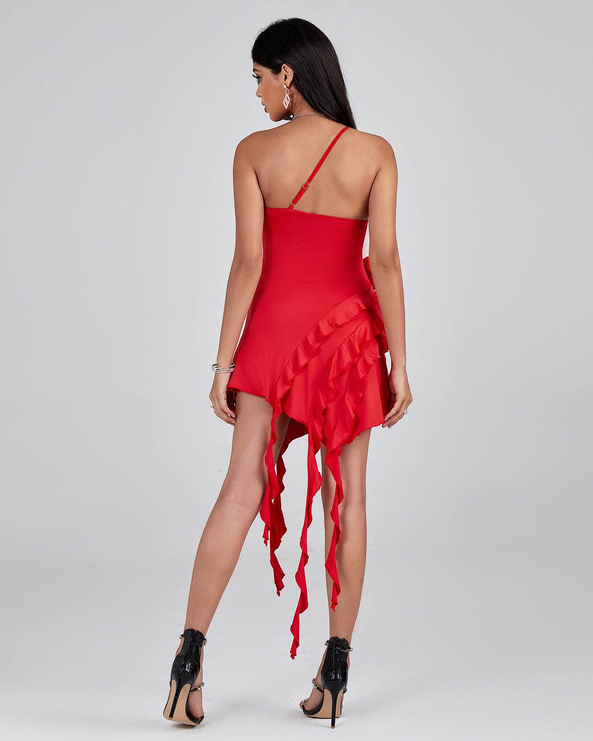 Asymmetric Ruffled 3D Floral Dress