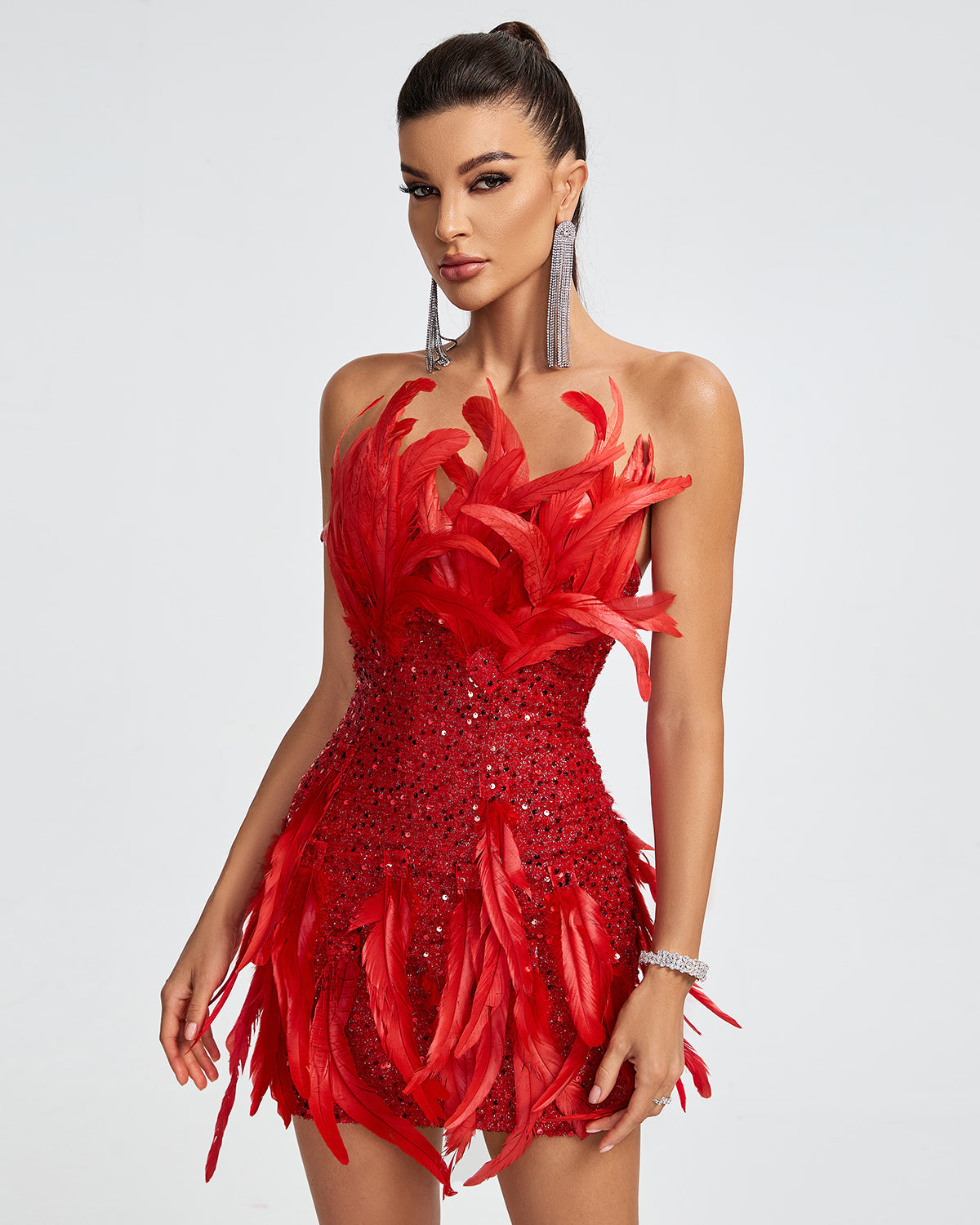 Open Back Feather Sequined Mini Dress