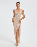 Crystal Embellished Ruffle High Split Maxi Dress