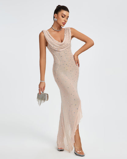 Crystal Embellished Ruffle High Split Maxi Dress