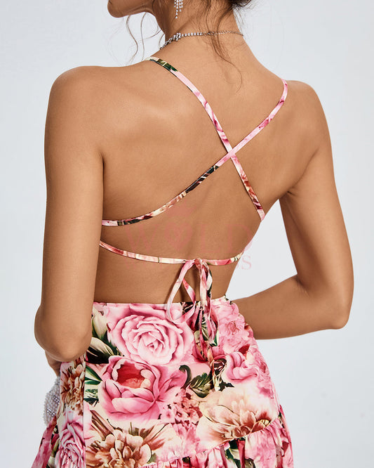 Asymmetric Peony Print Backless Dress