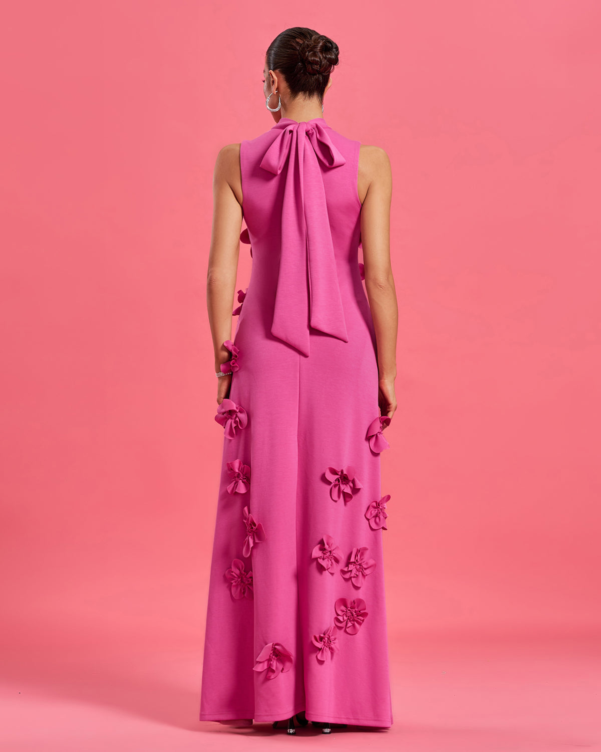 Floral-Embellished Bow-Tie Neck Maxi Dress