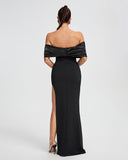 Off Shoulder Crepe Ruffle Maxi Dress