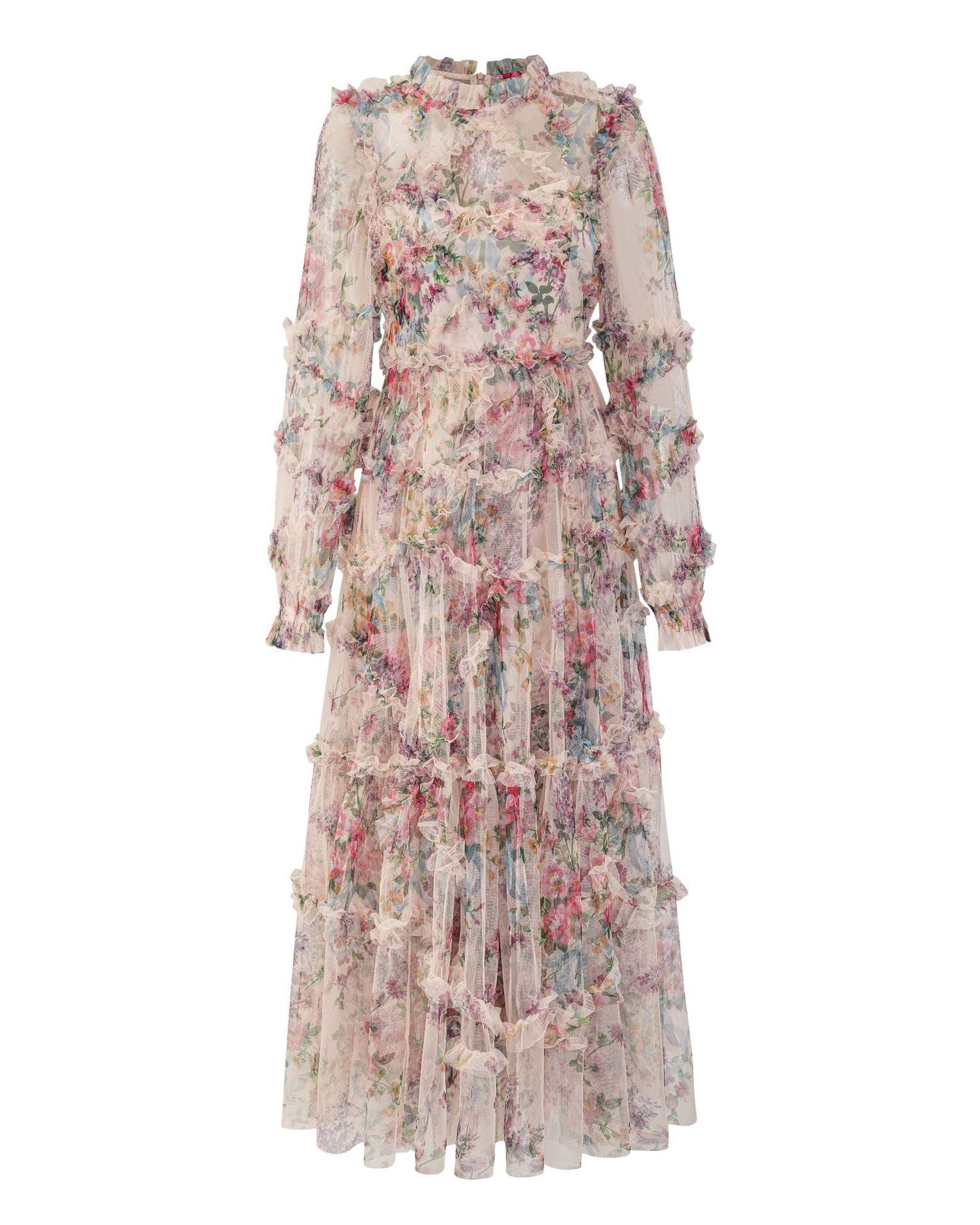 Bishop Sleeve Floral Tulle Ruffle Dress