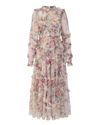 Bishop Sleeve Floral Tulle Ruffle Dress