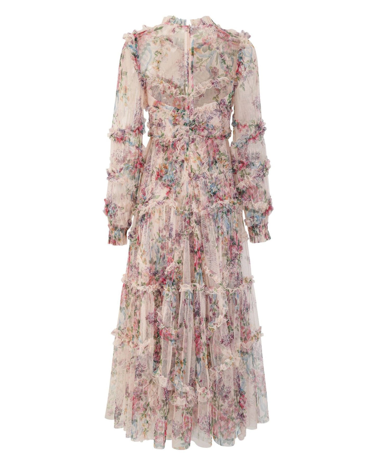 Bishop Sleeve Floral Tulle Ruffle Dress