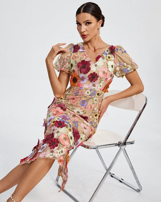 Maraya V-Neck 3D Floral Midi Dress