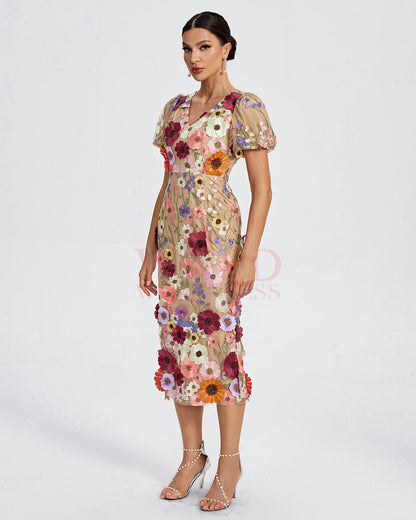 Maraya V-Neck 3D Floral Midi Dress