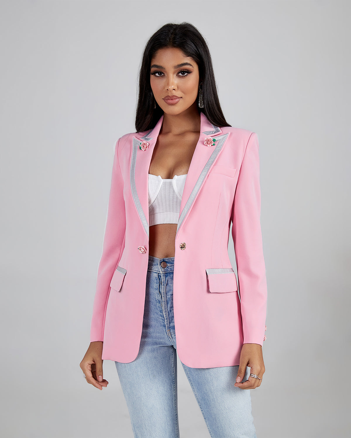 Pink Rose Detailed Single Buckle Blazer
