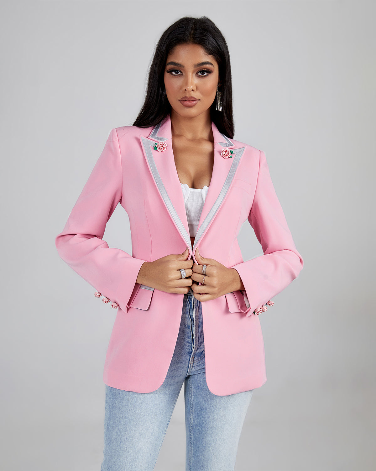 Pink Rose Detailed Single Buckle Blazer