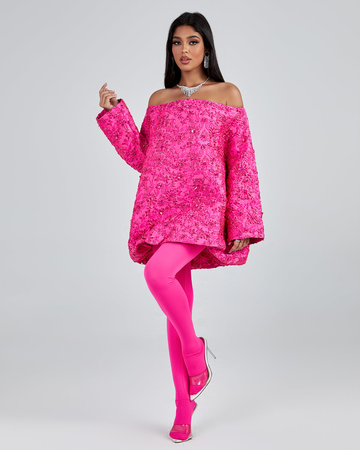 Off Shoulder Jacquard Loose Fitting Dress