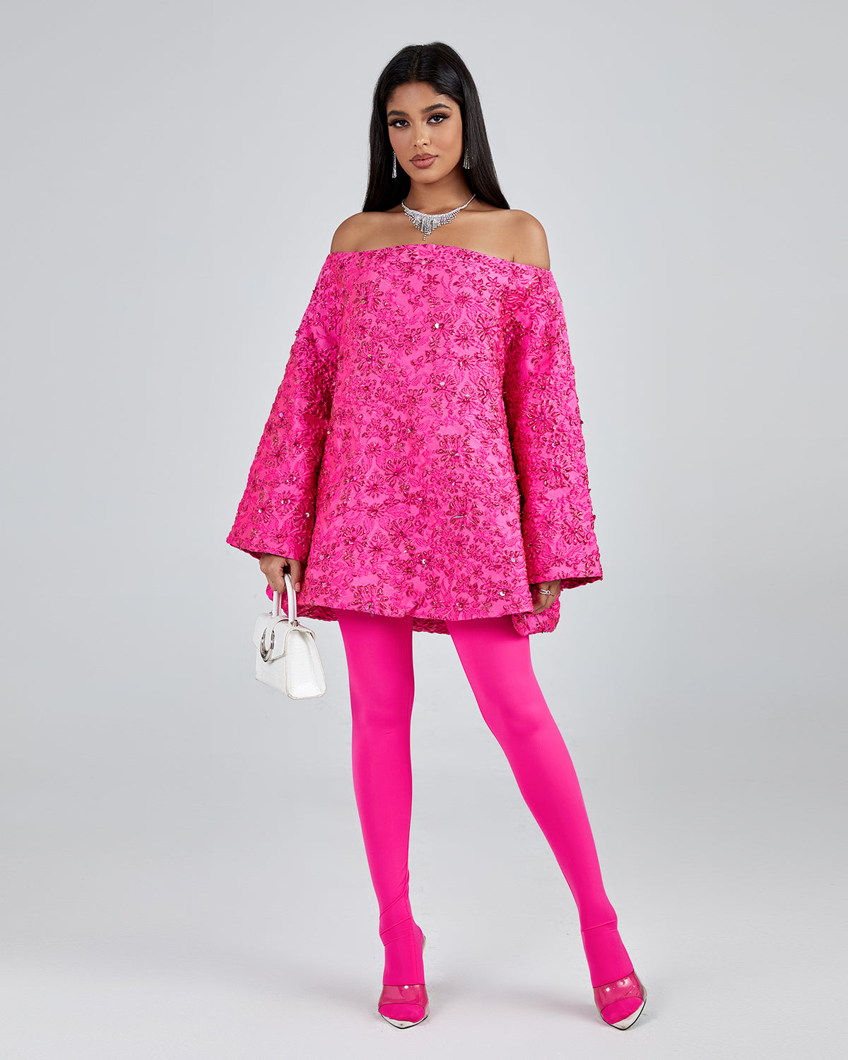 Off Shoulder Jacquard Loose Fitting Dress