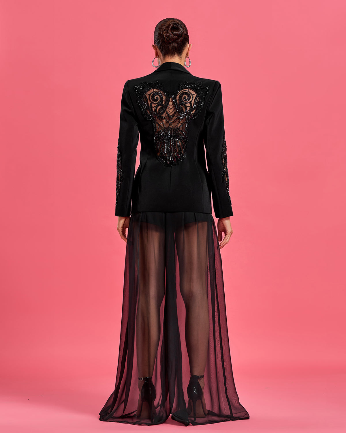 Crystal Bead-Embellished Coat & Tulle Pants Suit