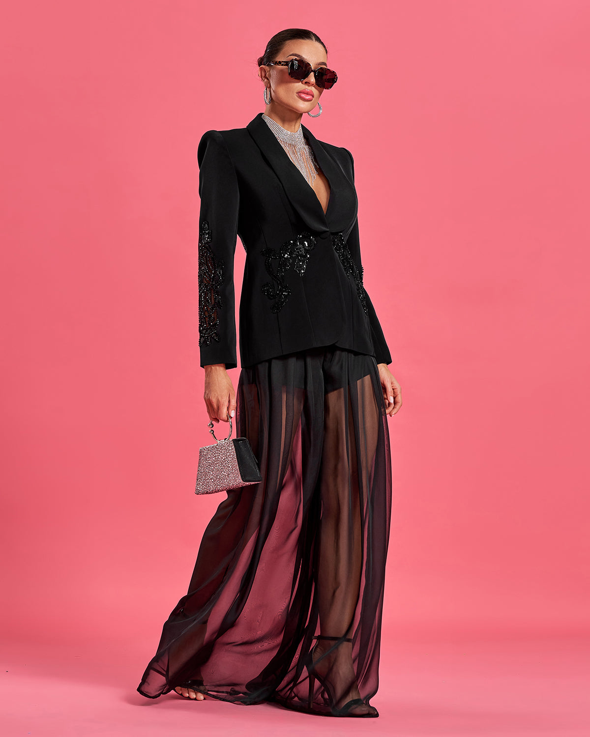 Crystal Bead-Embellished Coat & Tulle Pants Suit