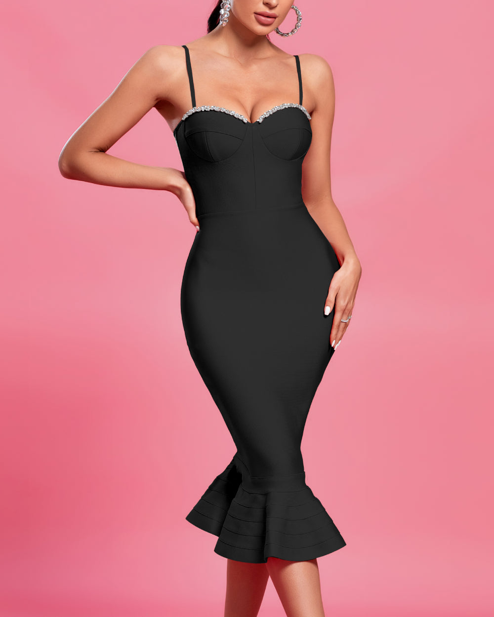 Strappy Crystal Midi Fishtail Bandage Dress