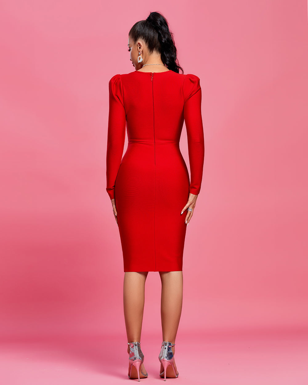 V Neck Cutout Midi Bandage Dress
